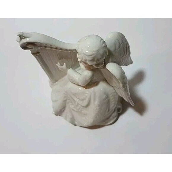 Midwest Taiwan White Porcelain Angel Harp Figurine Wind Up Music Box Vintage - Picture 6 of 7